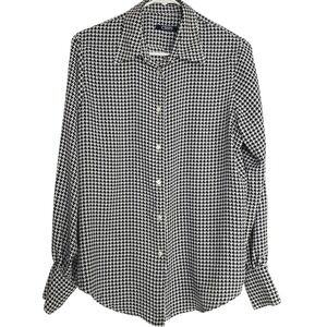 Chaps Houndstooth Long Sleeve Black White Satin Button Up Preppy‎ Cuffed SZ:M